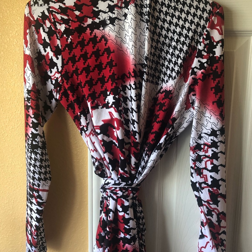 Red,black,and white body wrap shirt